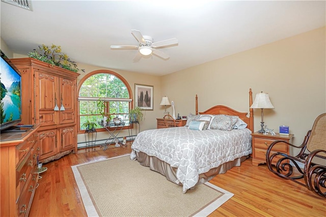 bedroom featuring light wood-style floors, visible vents, and a baseboard radiator
