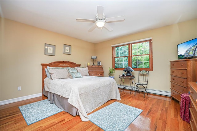 bedroom with baseboards, a baseboard radiator, ceiling fan, and wood finished floors