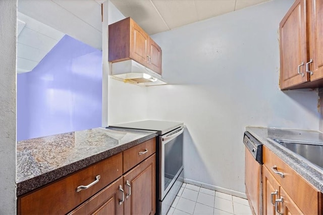 kitchen featuring light tile patterned floors, stainless steel electric stove, and dishwasher