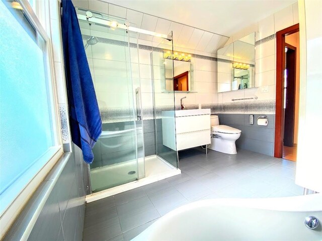 bathroom with tile walls, tile patterned flooring, vanity, toilet, and a shower with door