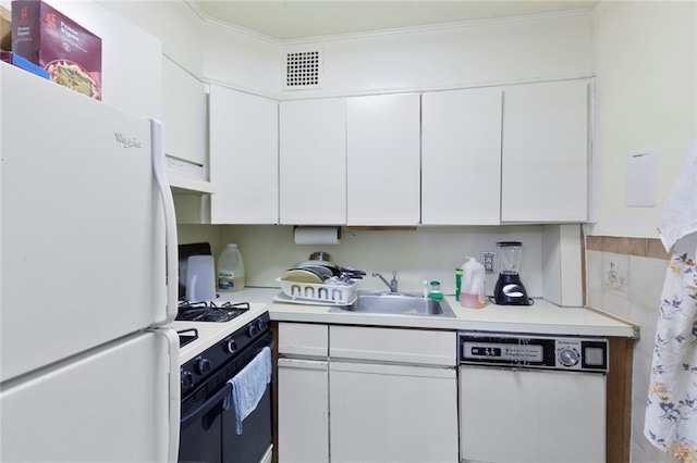 kitchen with white cabinetry, sink, white appliances, and ventilation hood