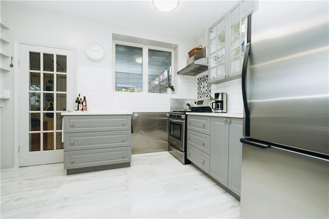 kitchen with backsplash, wall chimney exhaust hood, appliances with stainless steel finishes, and gray cabinets