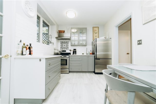 kitchen featuring tasteful backsplash, gray cabinetry, light countertops, exhaust hood, and stainless steel appliances