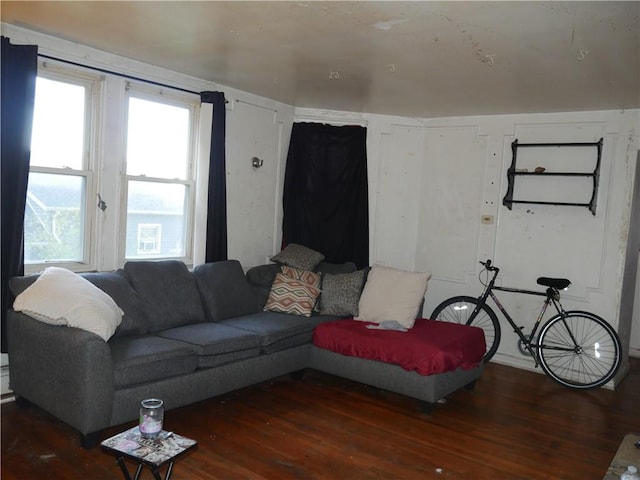 living room with dark hardwood / wood-style flooring