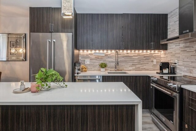 kitchen with appliances with stainless steel finishes, sink, decorative backsplash, dark brown cabinets, and wall chimney range hood