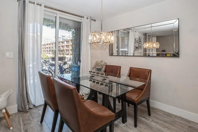 dining room featuring hardwood / wood-style flooring and a notable chandelier