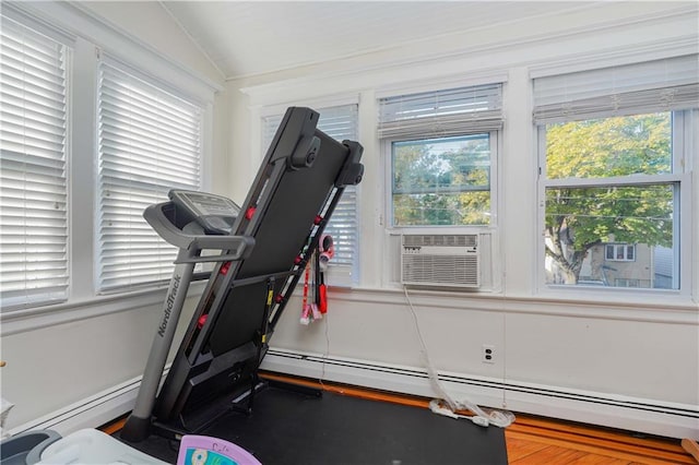 workout area featuring wood-type flooring, vaulted ceiling, and baseboard heating