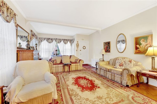 living room featuring ornamental molding and parquet floors