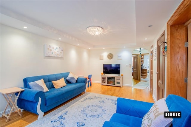 living room featuring hardwood / wood-style flooring and a raised ceiling