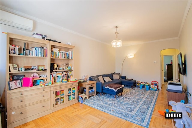 interior space featuring a wall mounted air conditioner, crown molding, and light parquet flooring