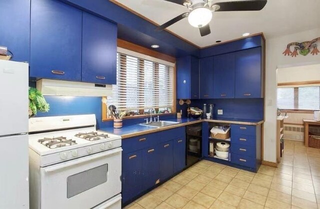 kitchen with a healthy amount of sunlight, white appliances, blue cabinets, and sink