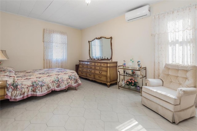bedroom with multiple windows, a wall mounted AC, and light tile patterned flooring