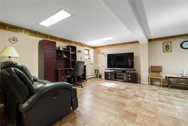 living room with beamed ceiling