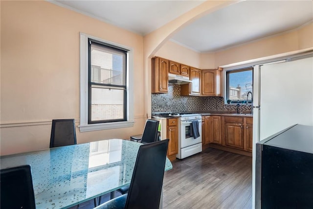 kitchen featuring tasteful backsplash, white range with gas cooktop, crown molding, sink, and wood-type flooring