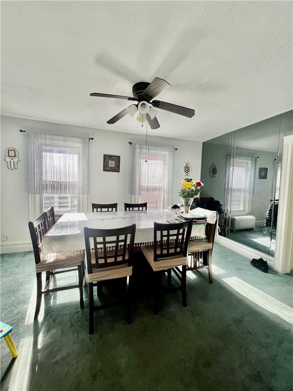 carpeted dining area with ceiling fan, plenty of natural light, and a textured ceiling