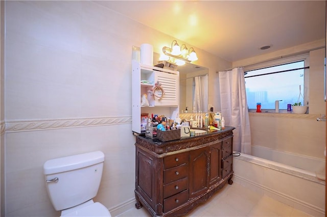 full bathroom with toilet, vanity, and shower / tub combo with curtain