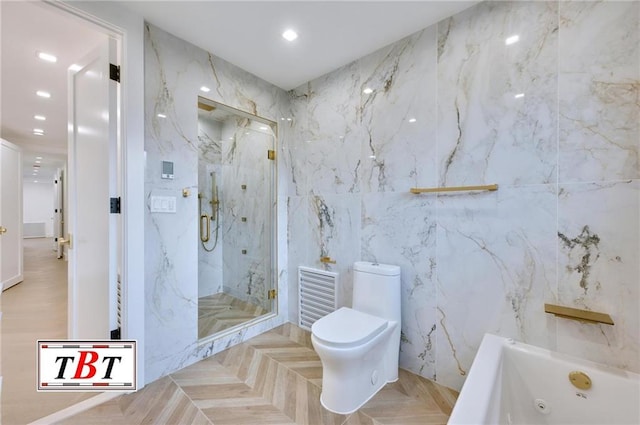 bathroom featuring separate shower and tub, toilet, and parquet flooring