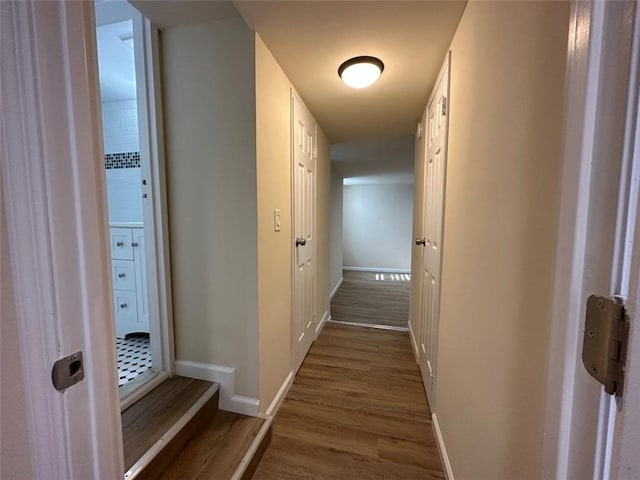 hallway featuring dark wood-type flooring