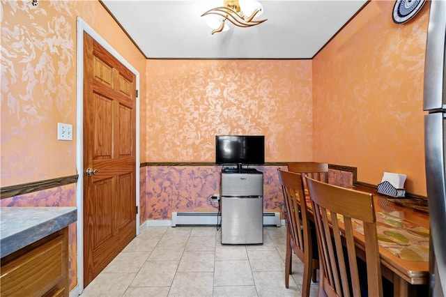 office area featuring wallpapered walls, crown molding, a baseboard heating unit, light tile patterned flooring, and a baseboard radiator