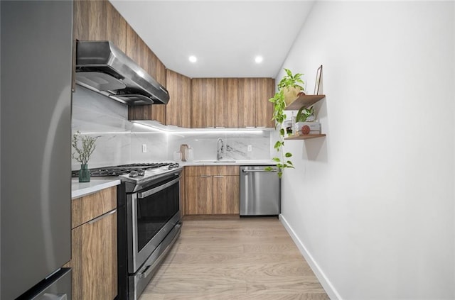 kitchen featuring open shelves, appliances with stainless steel finishes, modern cabinets, and range hood