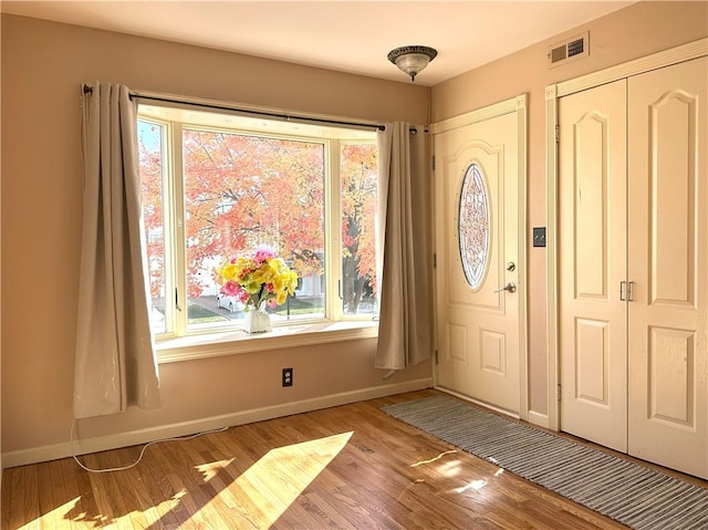 entrance foyer with baseboards, visible vents, and wood finished floors