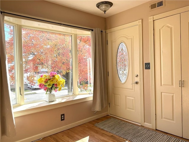 entryway featuring visible vents, baseboards, and wood finished floors