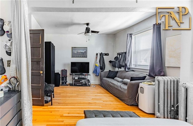 living area with radiator, a ceiling fan, and wood finished floors