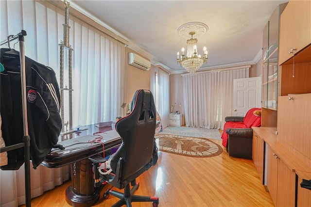 home office featuring a chandelier, plenty of natural light, light wood-type flooring, and a wall unit AC