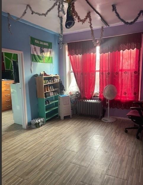 interior space featuring radiator heating unit and wood-type flooring