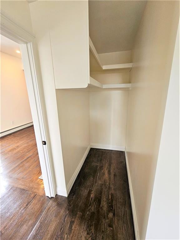 spacious closet with wood-type flooring and a baseboard heating unit