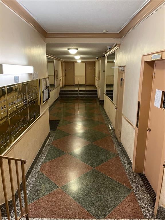 corridor with crown molding and mail boxes