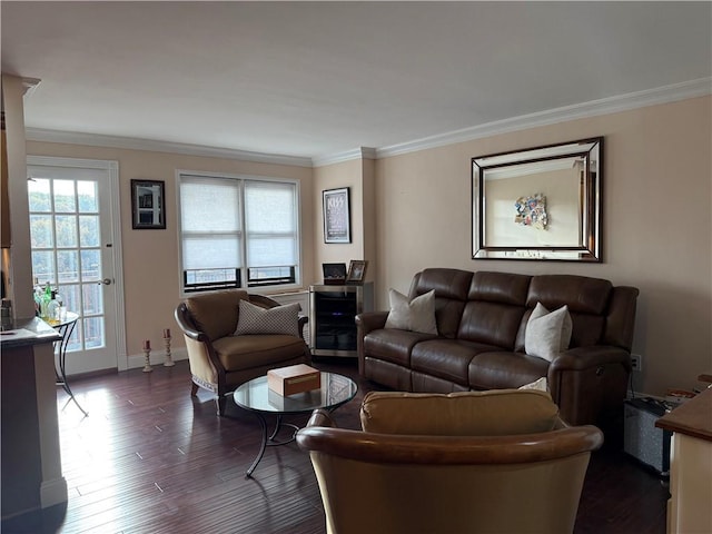 living area featuring dark wood-type flooring, crown molding, and baseboards