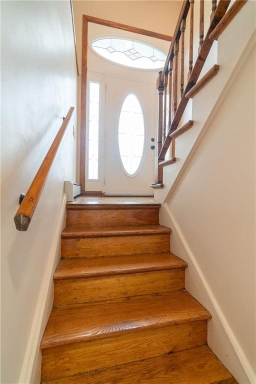 staircase with hardwood / wood-style flooring