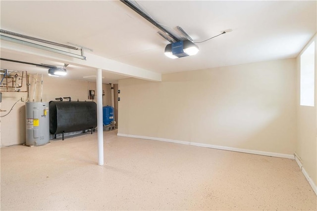 garage with water heater and a garage door opener