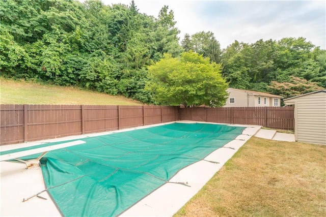 view of swimming pool featuring a diving board and a lawn