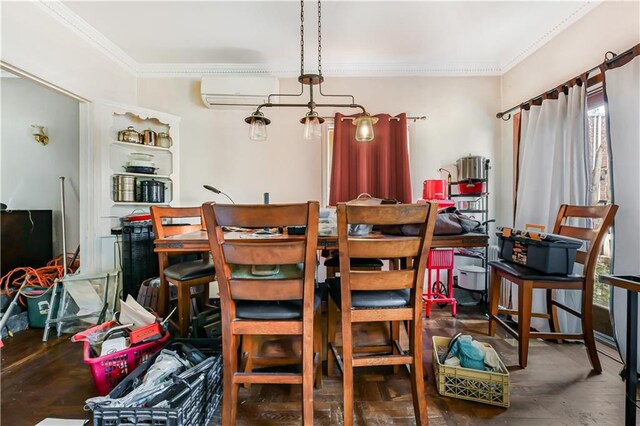 dining area with hardwood / wood-style floors and ornamental molding