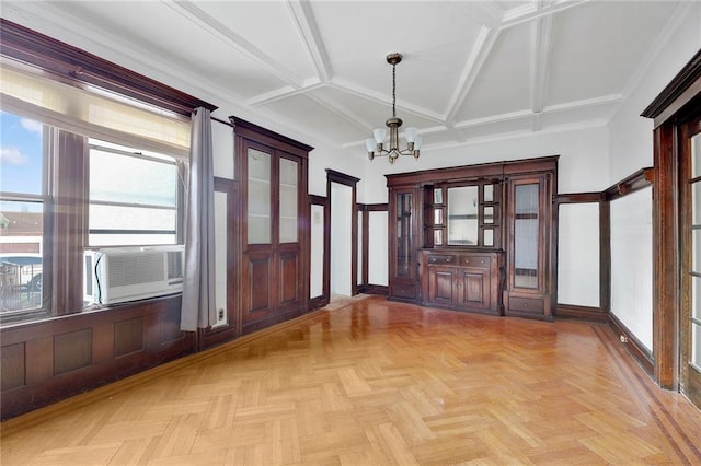 interior space featuring cooling unit, light parquet floors, and a chandelier