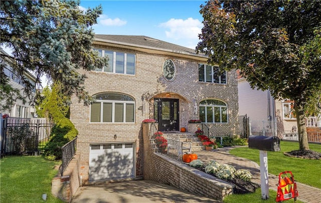 view of front of property featuring a garage and a front yard