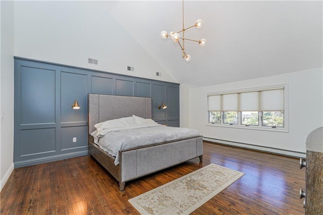 bedroom with dark hardwood / wood-style flooring, a chandelier, a baseboard radiator, and high vaulted ceiling