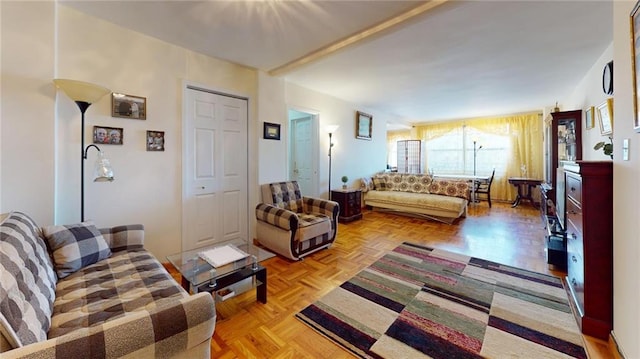 living room featuring light parquet flooring