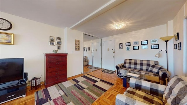 living room with parquet flooring