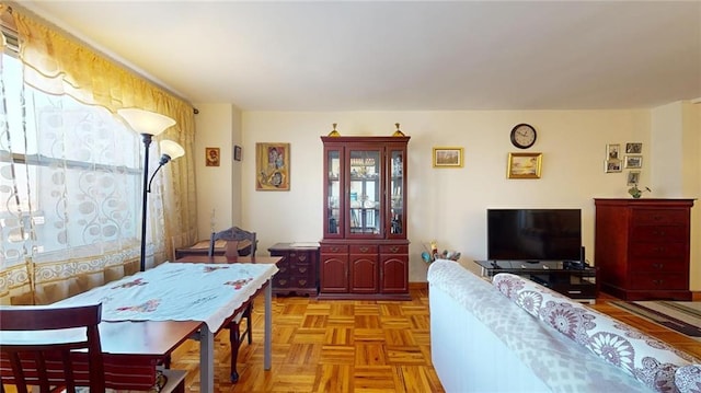 interior space with light parquet floors