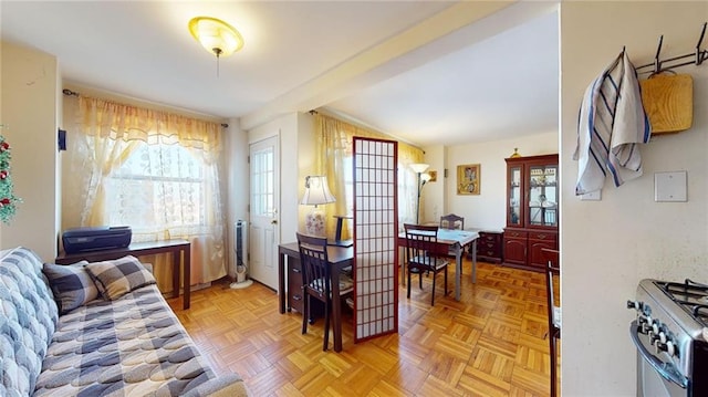 living room with radiator heating unit, vaulted ceiling, and light parquet flooring