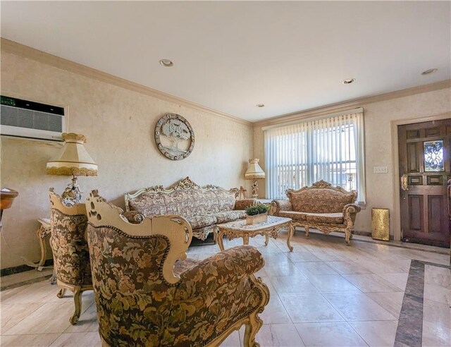 living room with light tile patterned floors, an AC wall unit, and ornamental molding