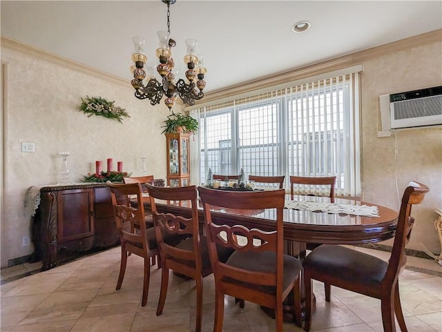 dining area with an inviting chandelier, an AC wall unit, and crown molding