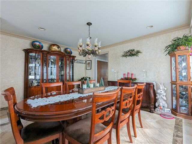 dining space with crown molding, light tile patterned floors, and a notable chandelier