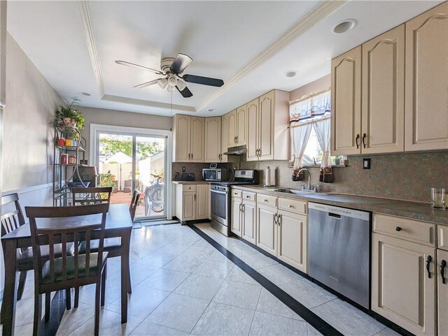 kitchen featuring backsplash, a raised ceiling, sink, ceiling fan, and stainless steel appliances