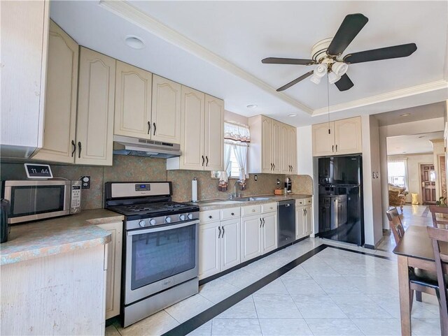 kitchen featuring ceiling fan, sink, tasteful backsplash, a tray ceiling, and appliances with stainless steel finishes