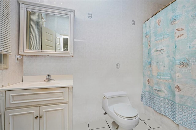 bathroom featuring walk in shower, tile walls, toilet, and tile patterned floors