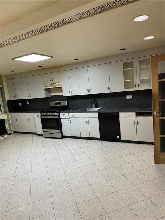 kitchen with white cabinets, dishwasher, sink, and stainless steel gas range